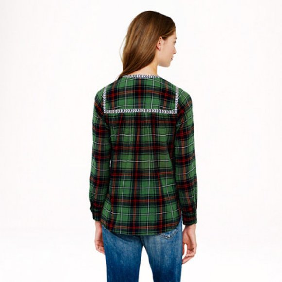 J. Crew 07599 Green Holiday Tartan Plaid Embroidered Popover V Neck Blouse 0 - Picture 4 of 14